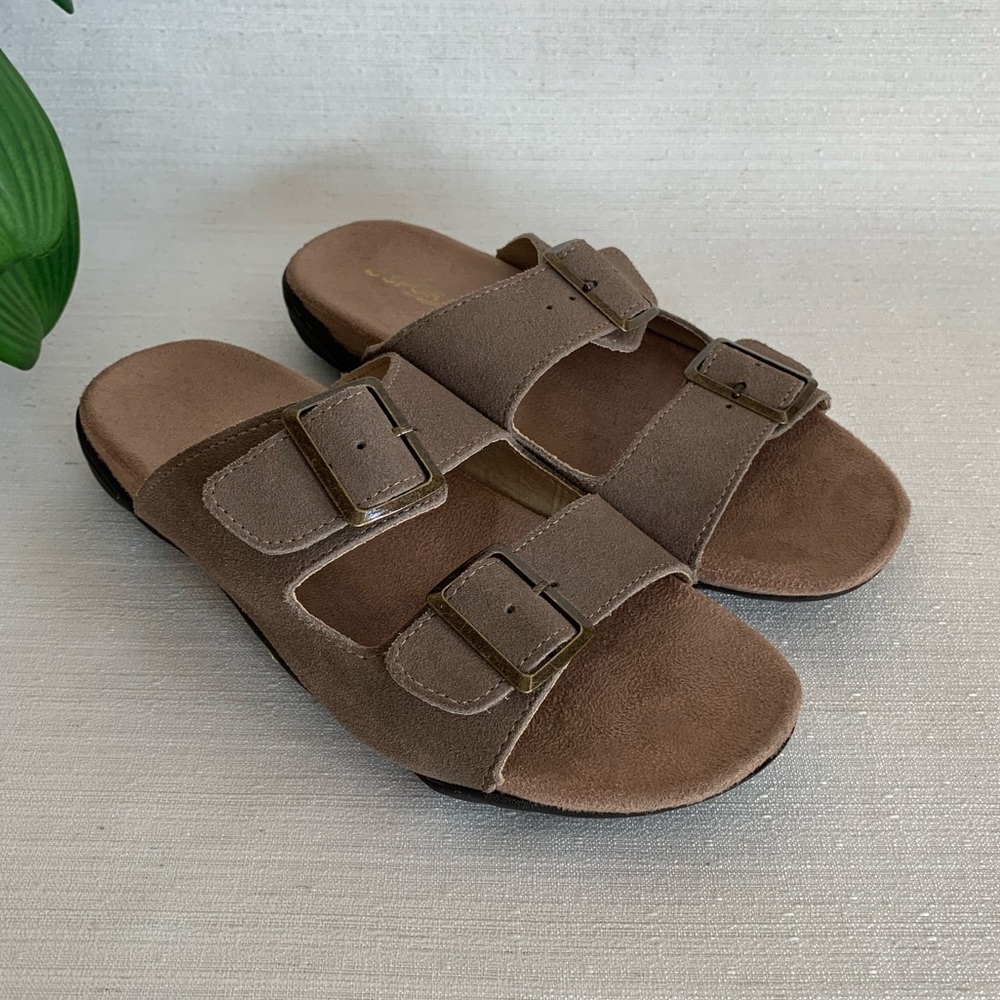 JSport by Jambu Carina Taupe Suede Leather Double Strap Slide Sandals Woman’s 7